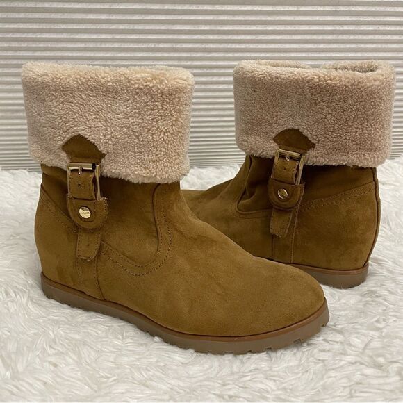 Tommy Hilfiger Soffia 2 Round Toe Tan Suede Ankle Boot faux fur lined sz 8.5M - Picture 1 of 9